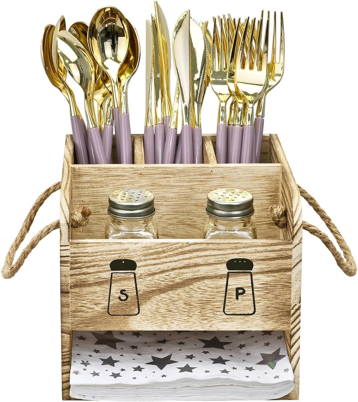 Wooden Utensil Caddy Flatware Holder with Handles - Utensil Holder for Dining Room, Restaurant and Kitchen, Oak Color, 7.13”W x 6.63”D x 7.5”H