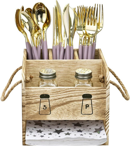 Wooden Utensil Caddy Flatware Holder with Handles - Utensil Holder for Dining Room, Restaurant and Kitchen, Oak Color, 7.13”W x 6.63”D x 7.5”H