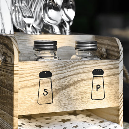 Wooden Utensil Caddy Flatware Holder with Handles - Utensil Holder for Dining Room, Restaurant and Kitchen, Oak Color, 7.13”W x 6.63”D x 7.5”H