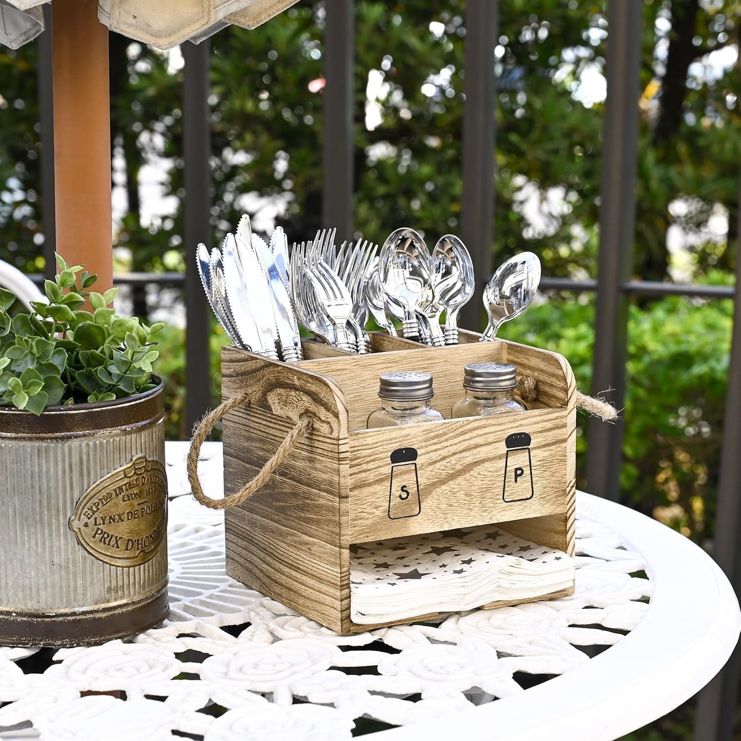Wooden Utensil Caddy Flatware Holder with Handles - Utensil Holder for Dining Room, Restaurant and Kitchen, Oak Color, 7.13”W x 6.63”D x 7.5”H