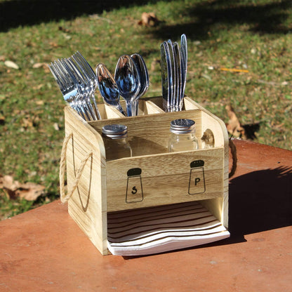Wooden Utensil Caddy Flatware Holder with Handles - Utensil Holder for Dining Room, Restaurant and Kitchen, Oak Color, 7.13”W x 6.63”D x 7.5”H