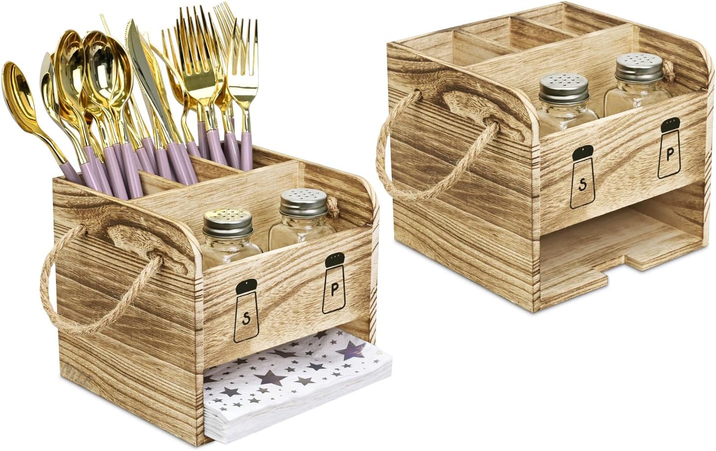Wooden Utensil Caddy Flatware Holder with Handles - Utensil Holder for Dining Room, Restaurant and Kitchen, Oak Color, 7.13”W x 6.63”D x 7.5”H