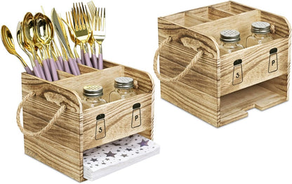 Wooden Utensil Caddy Flatware Holder with Handles - Utensil Holder for Dining Room, Restaurant and Kitchen, Oak Color, 7.13”W x 6.63”D x 7.5”H