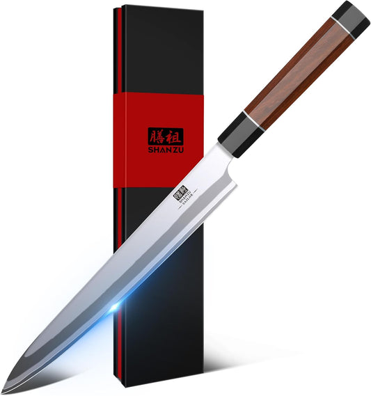 10 Inch Japanese Sushi Knife, 9 Layers 10Cr15MoV High Carbon Steel | Sashimi Knife, Sharp Cutting Yanagiba Knives with Red Sandalwood Handle for Sushi Making, Slicing & Fish Knives