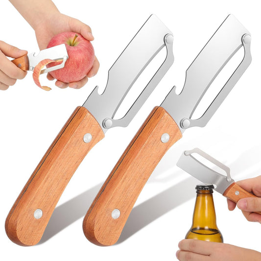 Kitchen Peeler Tool Fruit Peeler with Bottle Opener 2 Pcs Vegetable Peelers for Kitchen Wooden Handle for Fruits and Vegetables Multi-Use Gadget for Home Cooking