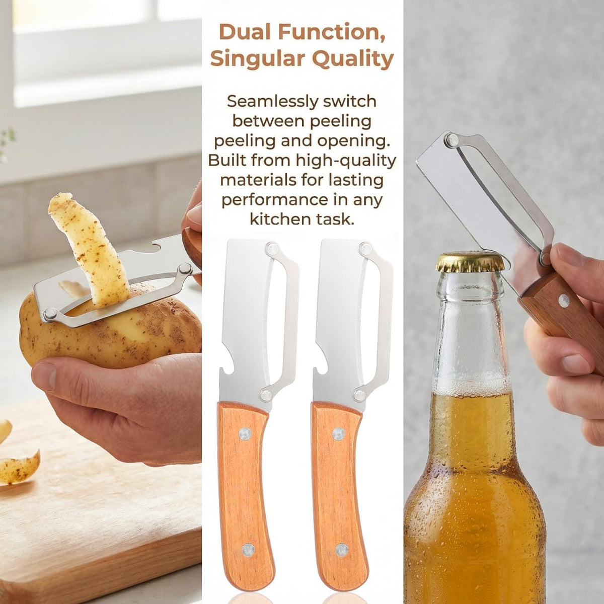 Kitchen Peeler Tool Fruit Peeler with Bottle Opener 2 Pcs Vegetable Peelers for Kitchen Wooden Handle for Fruits and Vegetables Multi-Use Gadget for Home Cooking