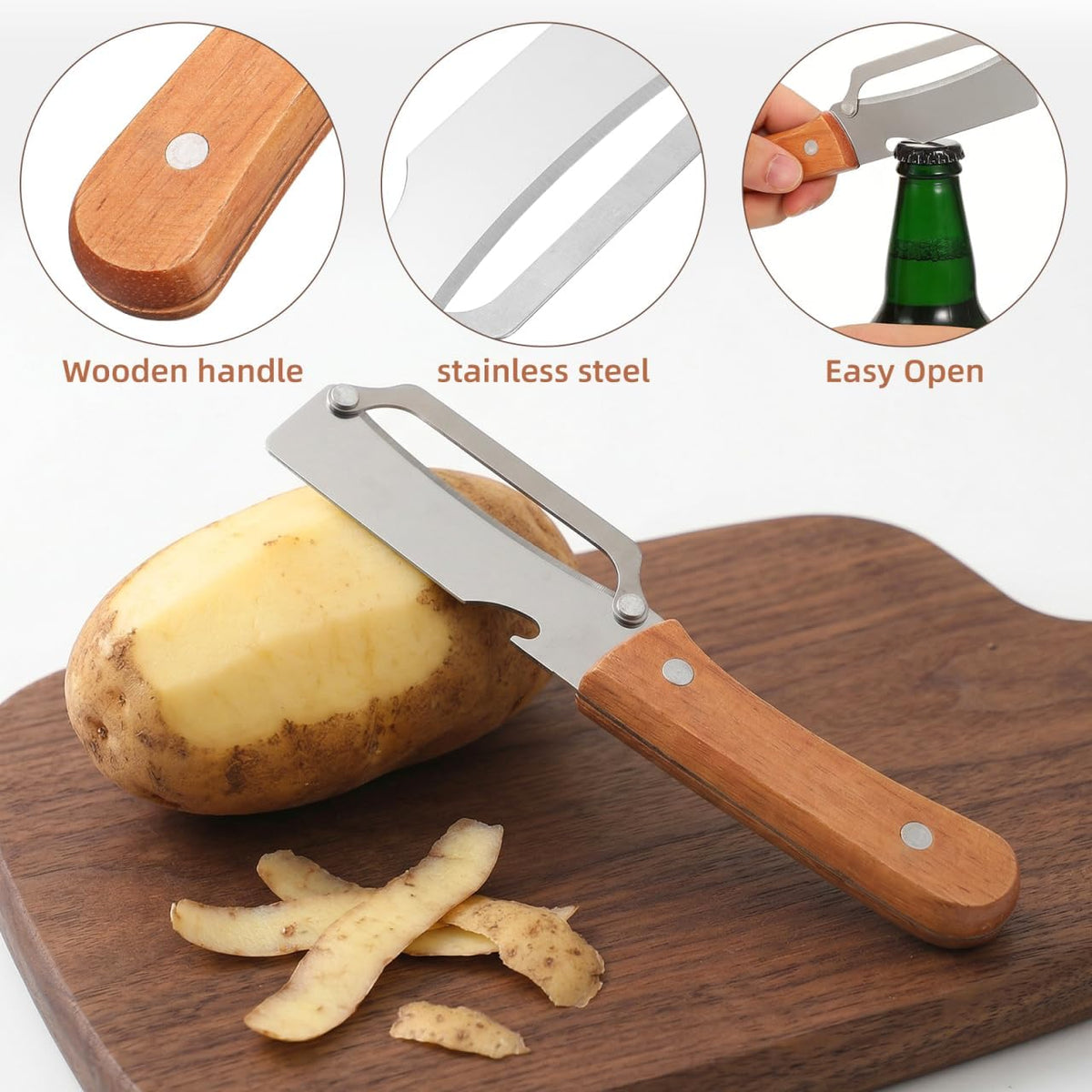 Kitchen Peeler Tool Fruit Peeler with Bottle Opener 2 Pcs Vegetable Peelers for Kitchen Wooden Handle for Fruits and Vegetables Multi-Use Gadget for Home Cooking