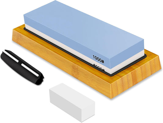 Premium Whetstone Knife Sharpening Stone Kit,2 Side Grit 1000/6000 Whetstone Sharpener,Honing Sharpening Stone Set with NonSlip Bamboo Base & Angle Guide