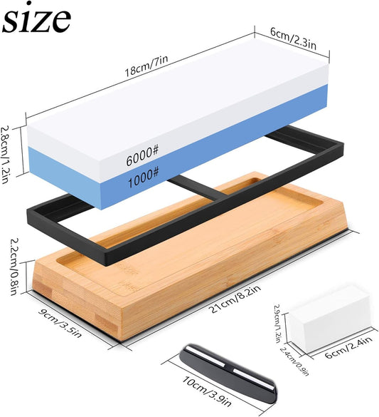 Premium Whetstone Knife Sharpening Stone Kit,2 Side Grit 1000/6000 Whetstone Sharpener,Honing Sharpening Stone Set with NonSlip Bamboo Base & Angle Guide