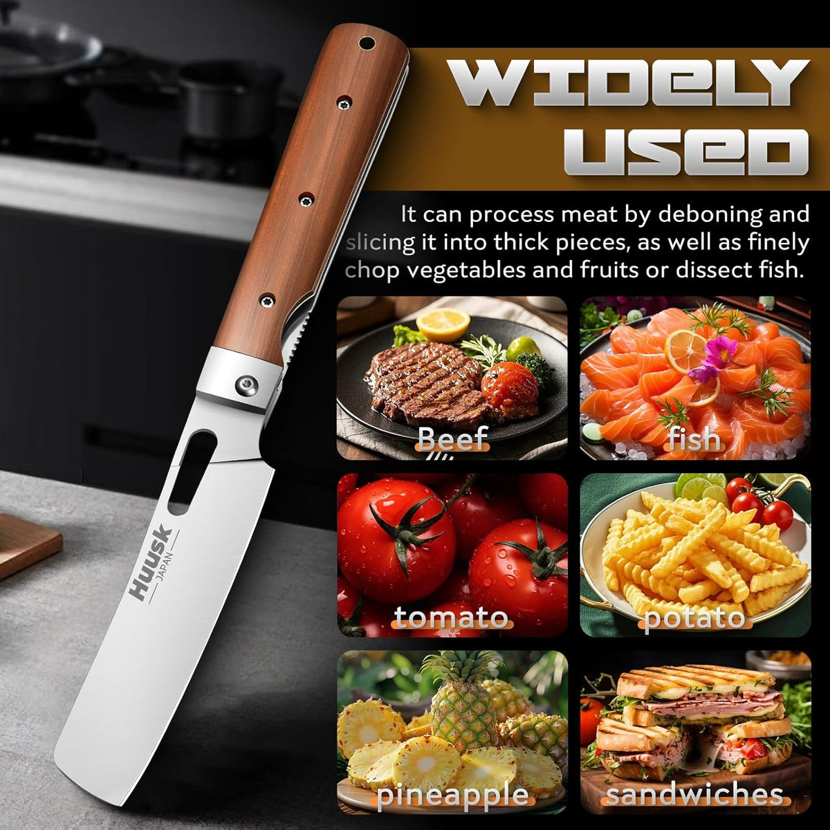 Huusk Folding Chef Knife Set-4Pc with Bag- EDC Kitchen Knife Set | Including Nakiri, Santoku, Bread and Fruit Knives, 440C Stainless Steel , Ultra Sharp Blade, Gift Box