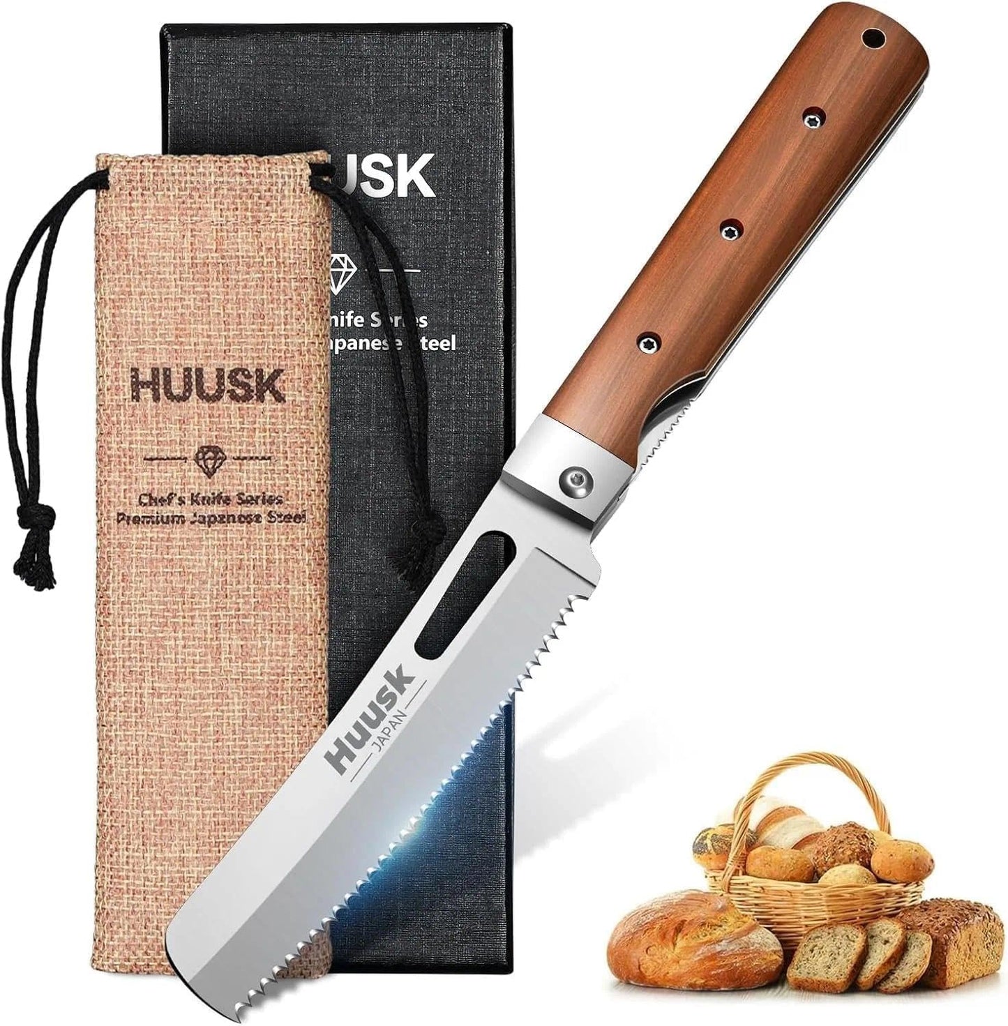 Huusk Folding Chef Knife Set-4Pc with Bag- EDC Kitchen Knife Set | Including Nakiri, Santoku, Bread and Fruit Knives, 440C Stainless Steel , Ultra Sharp Blade, Gift Box