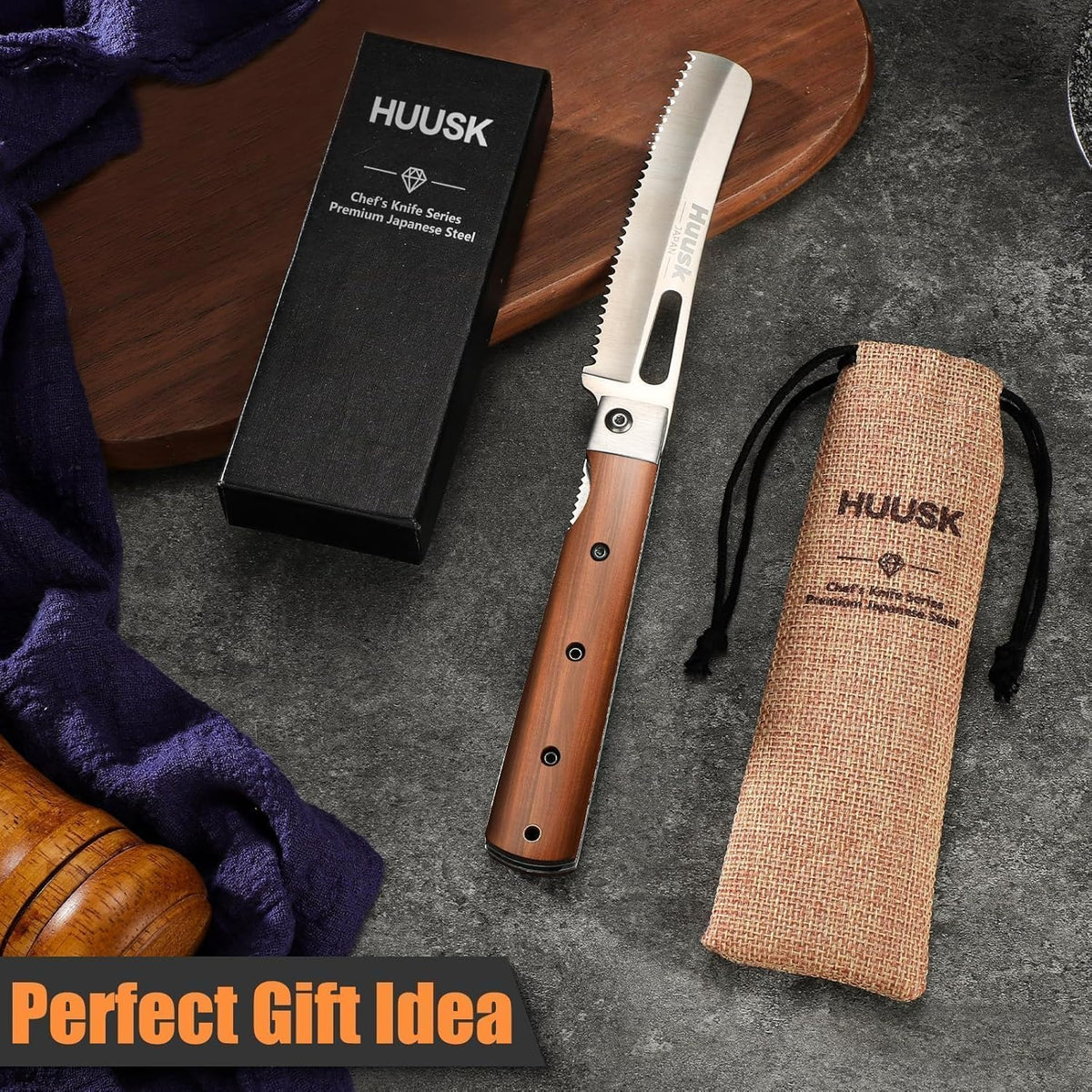 Huusk Folding Chef Knife Set-4Pc with Bag- EDC Kitchen Knife Set | Including Nakiri, Santoku, Bread and Fruit Knives, 440C Stainless Steel , Ultra Sharp Blade, Gift Box