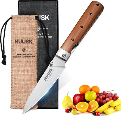 Huusk Folding Chef Knife Set-4Pc with Bag- EDC Kitchen Knife Set | Including Nakiri, Santoku, Bread and Fruit Knives, 440C Stainless Steel , Ultra Sharp Blade, Gift Box