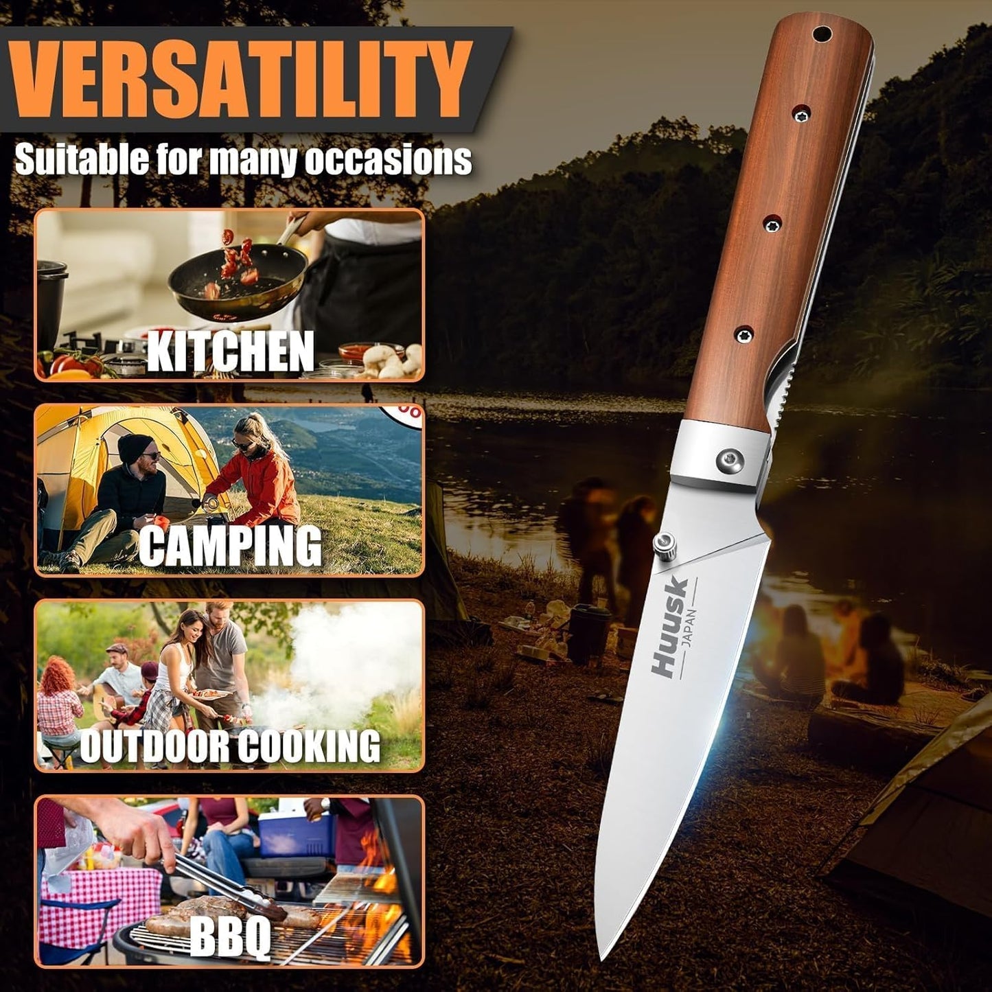 Huusk Folding Chef Knife Set-4Pc with Bag- EDC Kitchen Knife Set | Including Nakiri, Santoku, Bread and Fruit Knives, 440C Stainless Steel , Ultra Sharp Blade, Gift Box