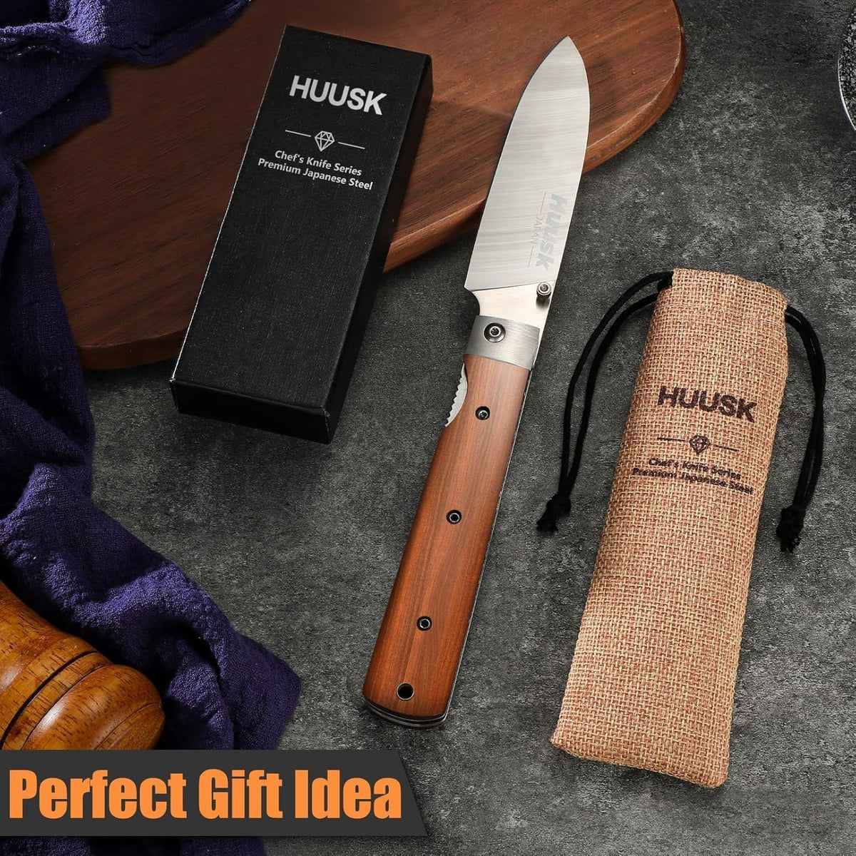 Huusk Folding Chef Knife Set-4Pc with Bag- EDC Kitchen Knife Set | Including Nakiri, Santoku, Bread and Fruit Knives, 440C Stainless Steel , Ultra Sharp Blade, Gift Box