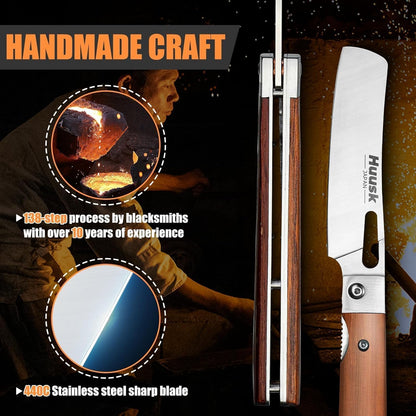 Huusk Folding Chef Knife Set-4Pc with Bag- EDC Kitchen Knife Set | Including Nakiri, Santoku, Bread and Fruit Knives, 440C Stainless Steel , Ultra Sharp Blade, Gift Box