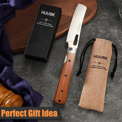 Huusk Folding Chef Knife Set-4Pc with Bag- EDC Kitchen Knife Set | Including Nakiri, Santoku, Bread and Fruit Knives, 440C Stainless Steel , Ultra Sharp Blade, Gift Box