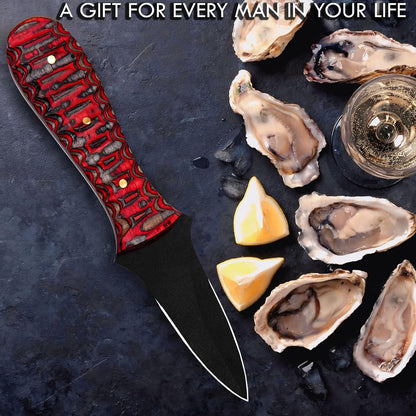 Oyster Shucking Knife – Professional Oyster Knife with Grooved Pakka Wood Handle, Black Powder-Coated Steel Blade, Sharp Edge Seafood Shucker (RED)