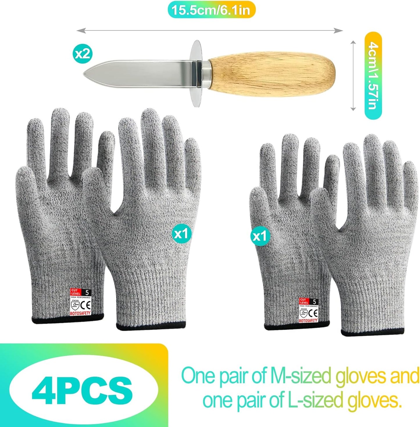 4 Pieces 2 Stainless Steel Oyster Shucking Knives, 2 Pairs Reinforced Oyster Gloves, and 1 Cloth, Oyster Shucking Tool Kit for Oysters and Clams (Reinforced Version