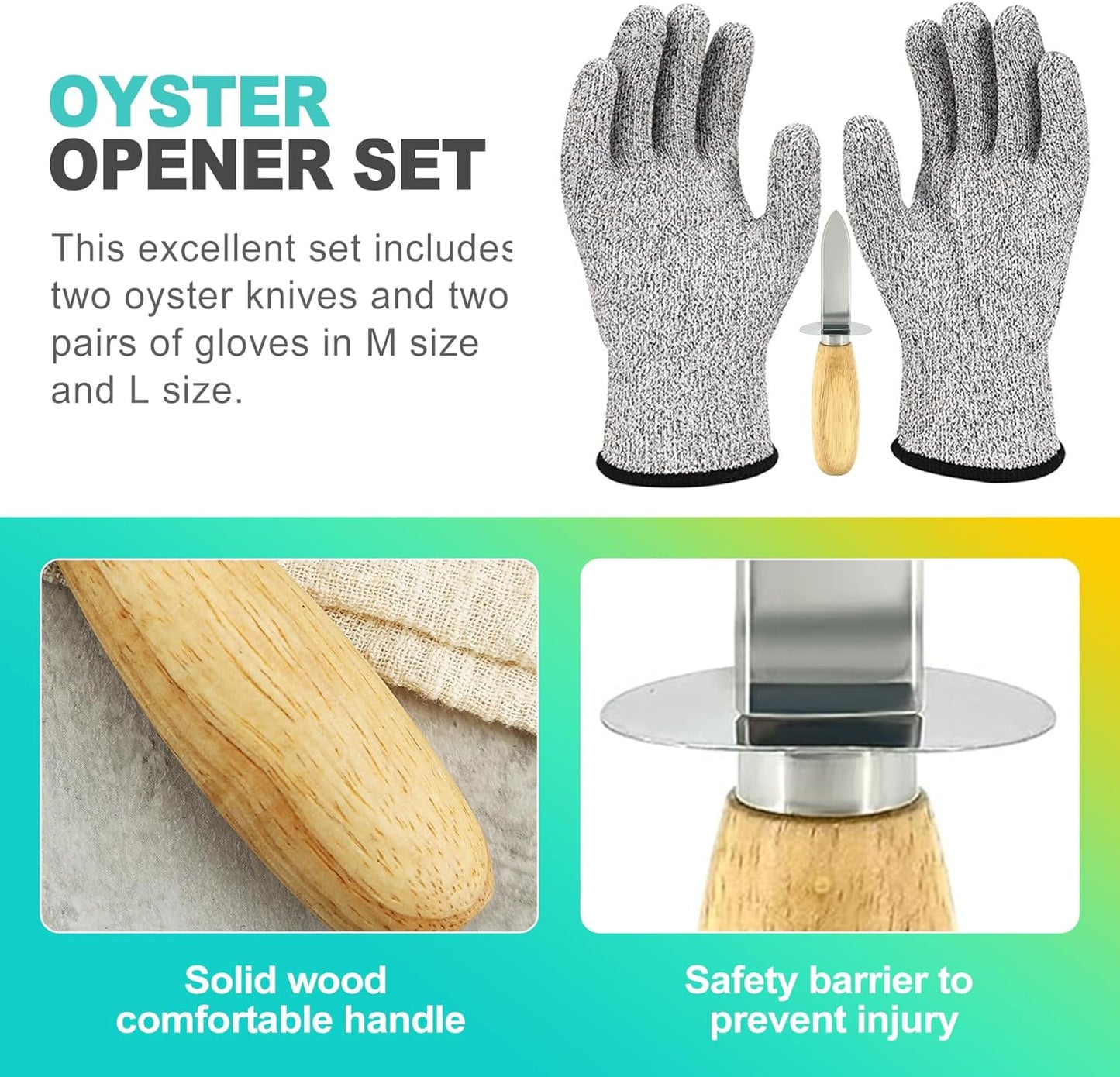 4 Pieces 2 Stainless Steel Oyster Shucking Knives, 2 Pairs Reinforced Oyster Gloves, and 1 Cloth, Oyster Shucking Tool Kit for Oysters and Clams (Reinforced Version