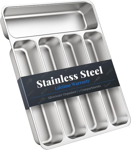 IKOCO Silverware Organizer Stainless Steel Utensil Drawer Organizer with 5 Compartments for Kitchen, Dishwasher Safe, Holds Spoons Forks Knives (13.8" x 11.4" x 1.6", Silver)