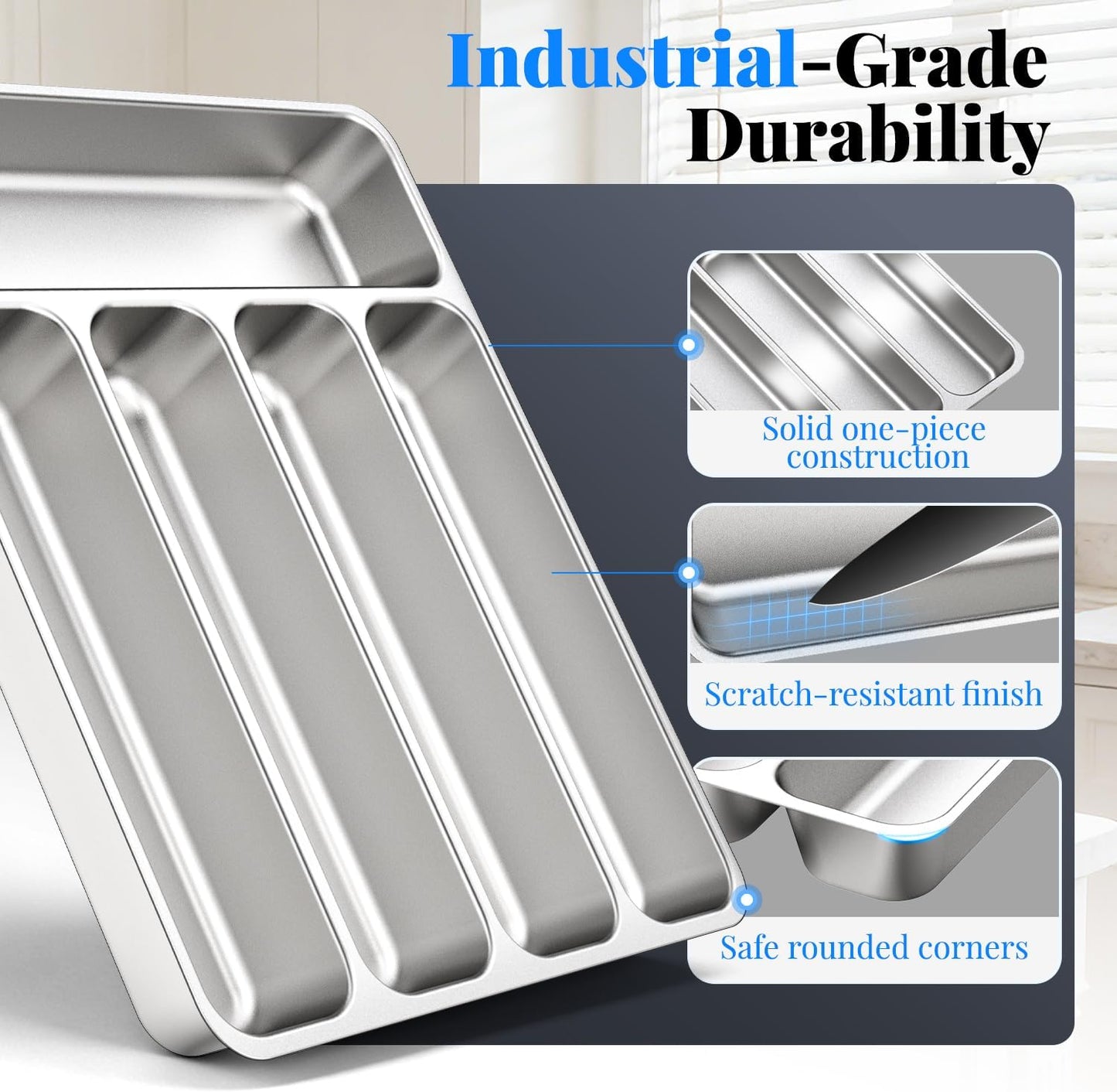 IKOCO Silverware Organizer Stainless Steel Utensil Drawer Organizer with 5 Compartments for Kitchen, Dishwasher Safe, Holds Spoons Forks Knives (13.8" x 11.4" x 1.6", Silver)