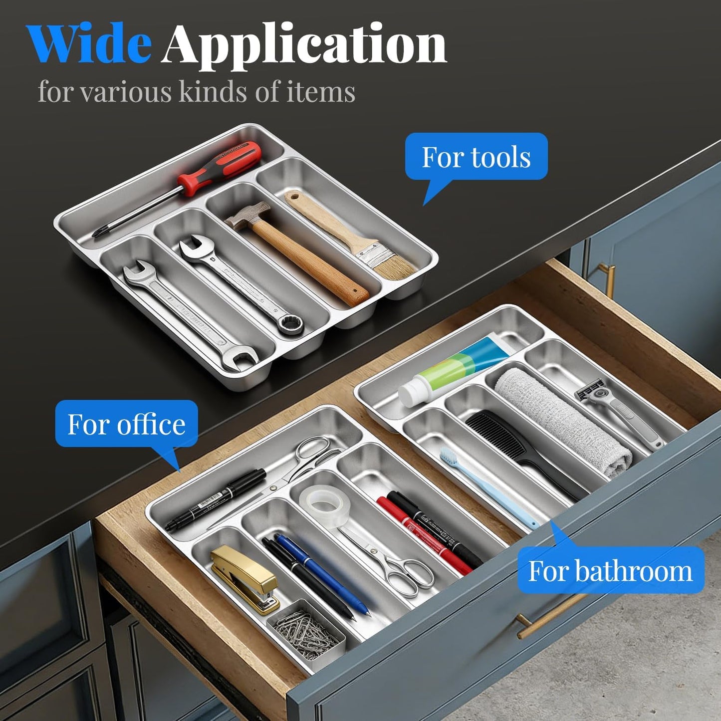 IKOCO Silverware Organizer Stainless Steel Utensil Drawer Organizer with 5 Compartments for Kitchen, Dishwasher Safe, Holds Spoons Forks Knives (13.8" x 11.4" x 1.6", Silver)