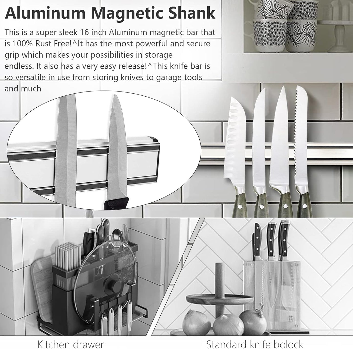Kitchens Aluminum Magnetic Knife Bar - Rust Free (16 INCH)