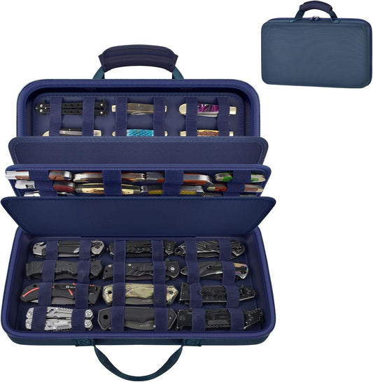 64+ Pocket Knife Storage Case for Folding Knife Collections | Hard EVA Shell, 88 Slots, 2 Dividers and Elastic Straps for EDC, Camping and Collector Knives, Case Only