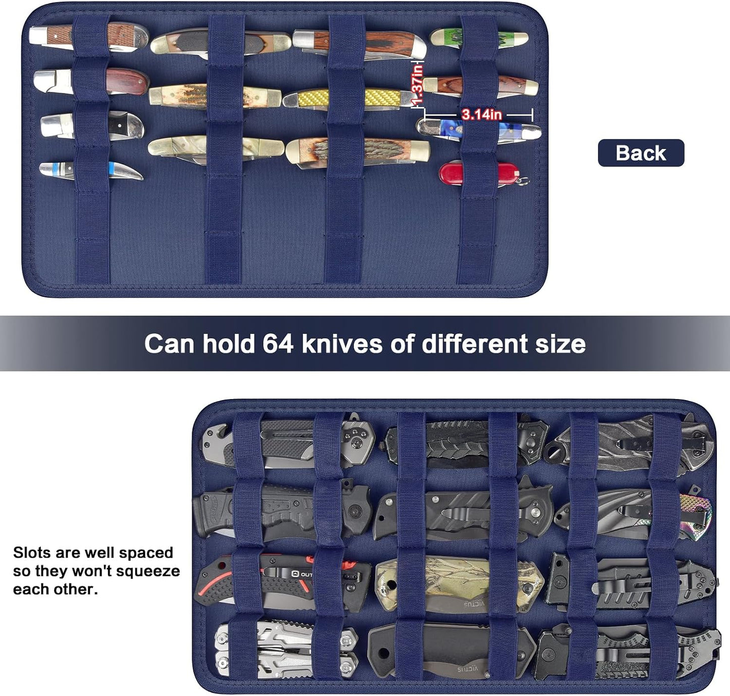 64+ Pocket Knife Storage Case for Folding Knife Collections | Hard EVA Shell, 88 Slots, 2 Dividers and Elastic Straps for EDC, Camping and Collector Knives, Case Only