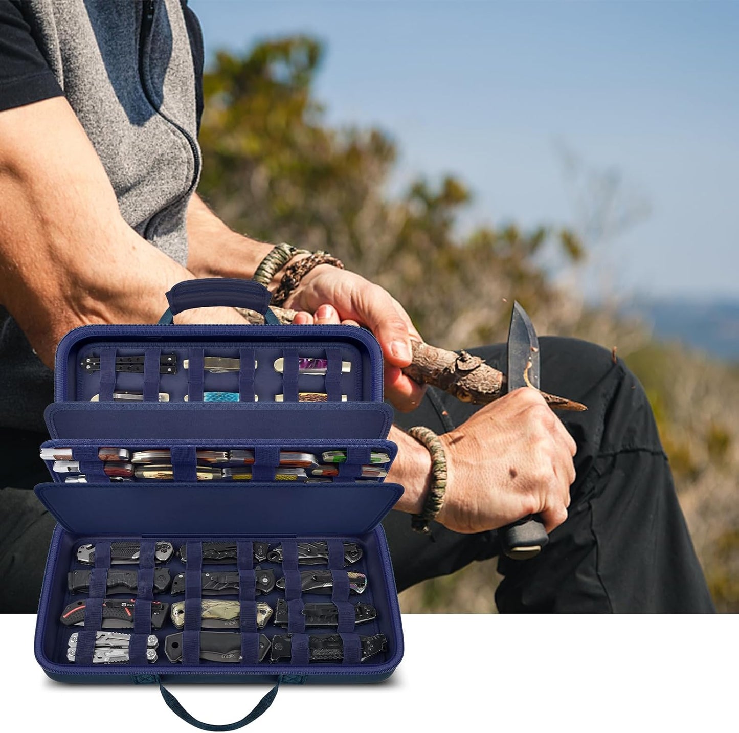 64+ Pocket Knife Storage Case for Folding Knife Collections | Hard EVA Shell, 88 Slots, 2 Dividers and Elastic Straps for EDC, Camping and Collector Knives, Case Only