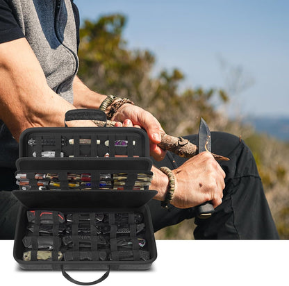 64+ Pocket Knife Storage Case for Folding Knife Collections | Hard EVA Shell, 88 Slots, 2 Dividers and Elastic Straps for EDC, Camping and Collector Knives, Case Only