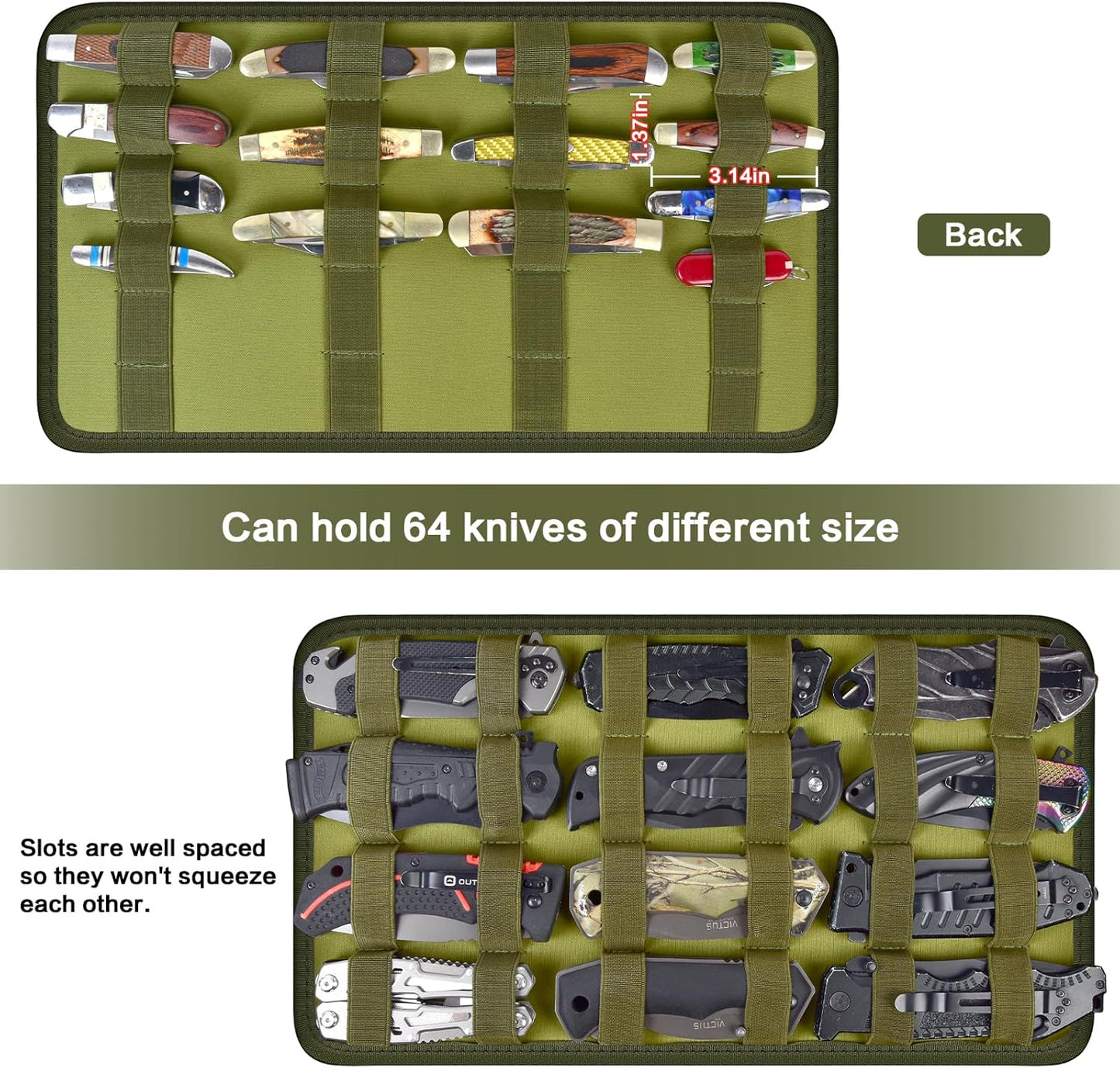 64+ Pocket Knife Storage Case for Folding Knife Collections | Hard EVA Shell, 88 Slots, 2 Dividers and Elastic Straps for EDC, Camping and Collector Knives, Case Only