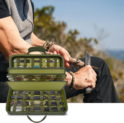 64+ Pocket Knife Storage Case for Folding Knife Collections | Hard EVA Shell, 88 Slots, 2 Dividers and Elastic Straps for EDC, Camping and Collector Knives, Case Only
