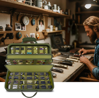 64+ Pocket Knife Storage Case for Folding Knife Collections | Hard EVA Shell, 88 Slots, 2 Dividers and Elastic Straps for EDC, Camping and Collector Knives, Case Only