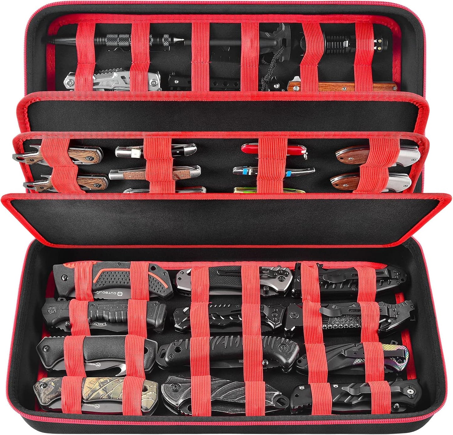 64+ Pocket Knife Storage Case for Folding Knife Collections | Hard EVA Shell, 88 Slots, 2 Dividers and Elastic Straps for EDC, Camping and Collector Knives, Case Only