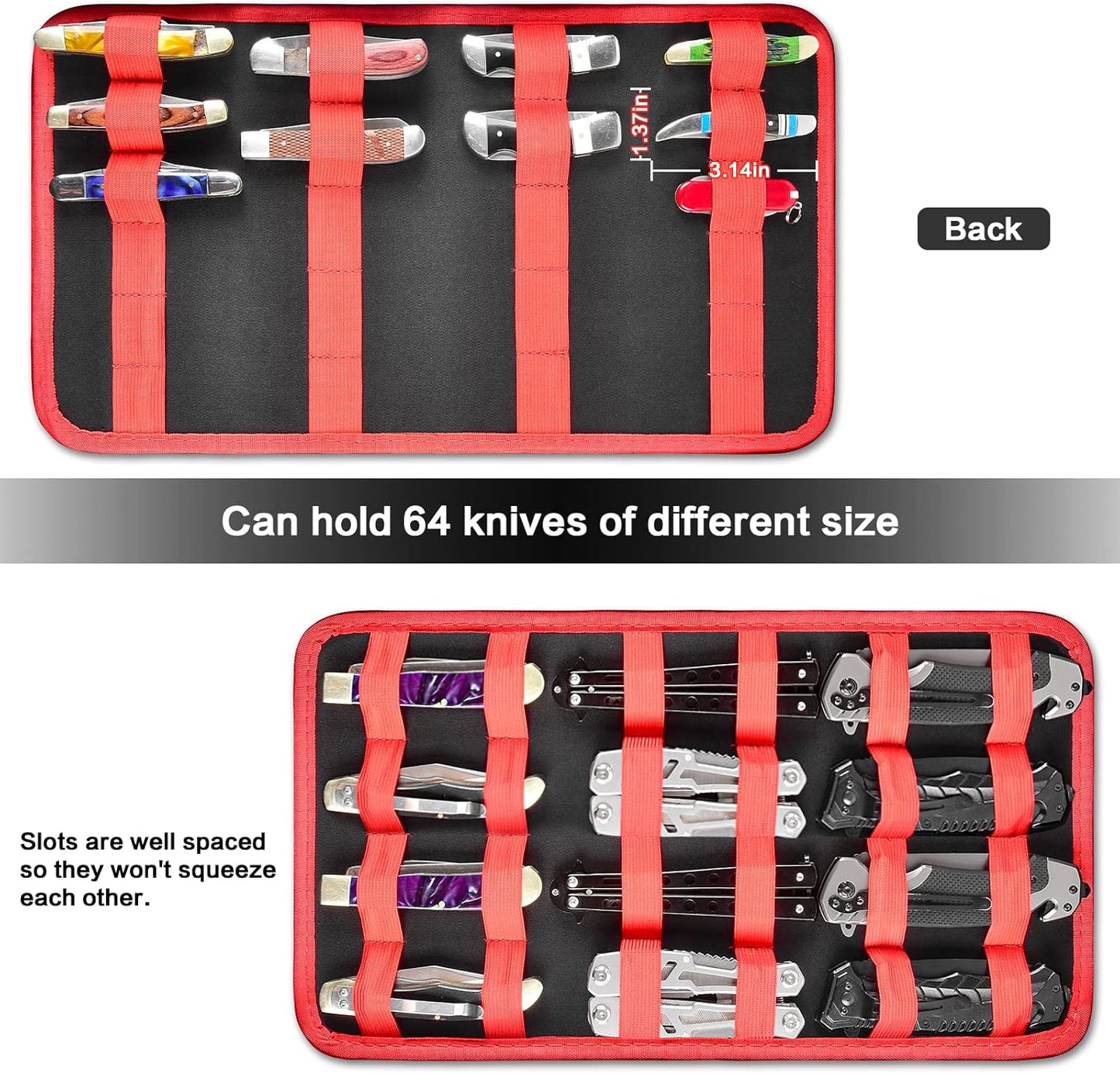 64+ Pocket Knife Storage Case for Folding Knife Collections | Hard EVA Shell, 88 Slots, 2 Dividers and Elastic Straps for EDC, Camping and Collector Knives, Case Only