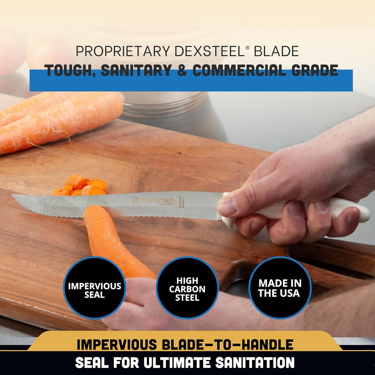 S158SC-PCP Sani-Safe 13483 Utility Slicer, 8" Scalloped Edge Stamped High Carbon Stain-Free Steel Blade, Textured Polypropylene White Handle, Serrated Kitchen Knife, NSF Certified