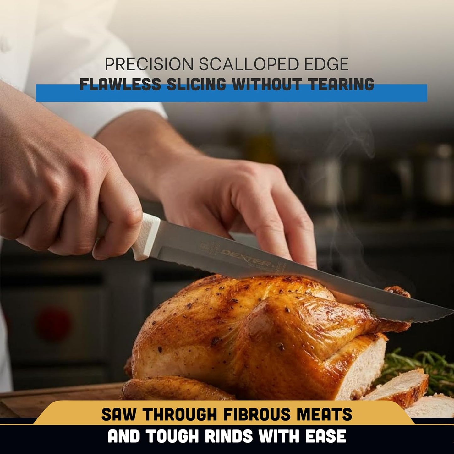 S158SC-PCP Sani-Safe 13483 Utility Slicer, 8" Scalloped Edge Stamped High Carbon Stain-Free Steel Blade, Textured Polypropylene White Handle, Serrated Kitchen Knife, NSF Certified