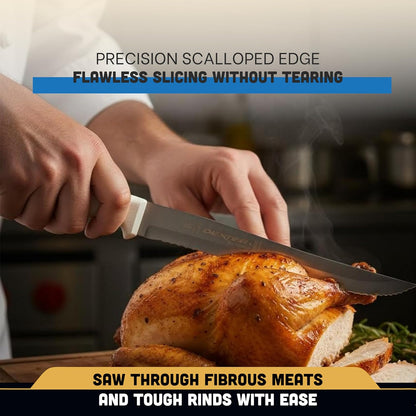 S158SC-PCP Sani-Safe 13483 Utility Slicer, 8" Scalloped Edge Stamped High Carbon Stain-Free Steel Blade, Textured Polypropylene White Handle, Serrated Kitchen Knife, NSF Certified
