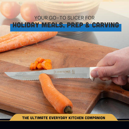 S158SC-PCP Sani-Safe 13483 Utility Slicer, 8" Scalloped Edge Stamped High Carbon Stain-Free Steel Blade, Textured Polypropylene White Handle, Serrated Kitchen Knife, NSF Certified