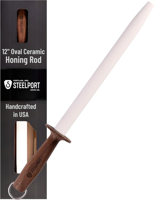 STEELPORT 12" Oval Ceramic Honing Rod for Carbon & Stainless Steel Knives | Extra-Wide Oval Ceramic Surface for Easier Edge Maintenance | Walnut Handle, Safety Guard | USA Made Professional Tool