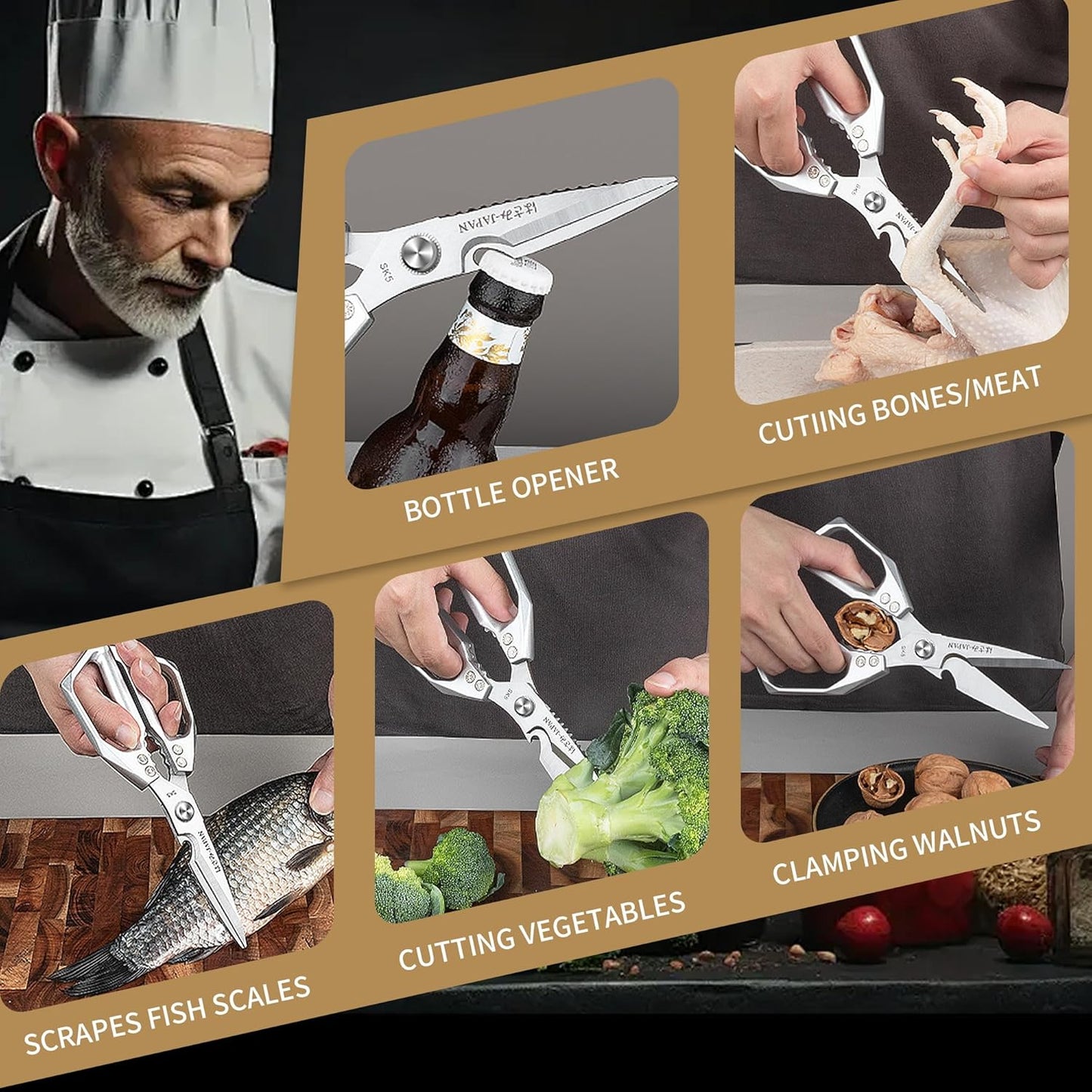 Plys Poultry Shears, Kitchen Scissors for Food, Japanese All Purpose Heavy Duty for Chicken Wing/Bone, Meat, Quail, Fish, Turkey, Vegetables, Stainless Steel Cooking Aid Scissors, Dishwasher Safe
