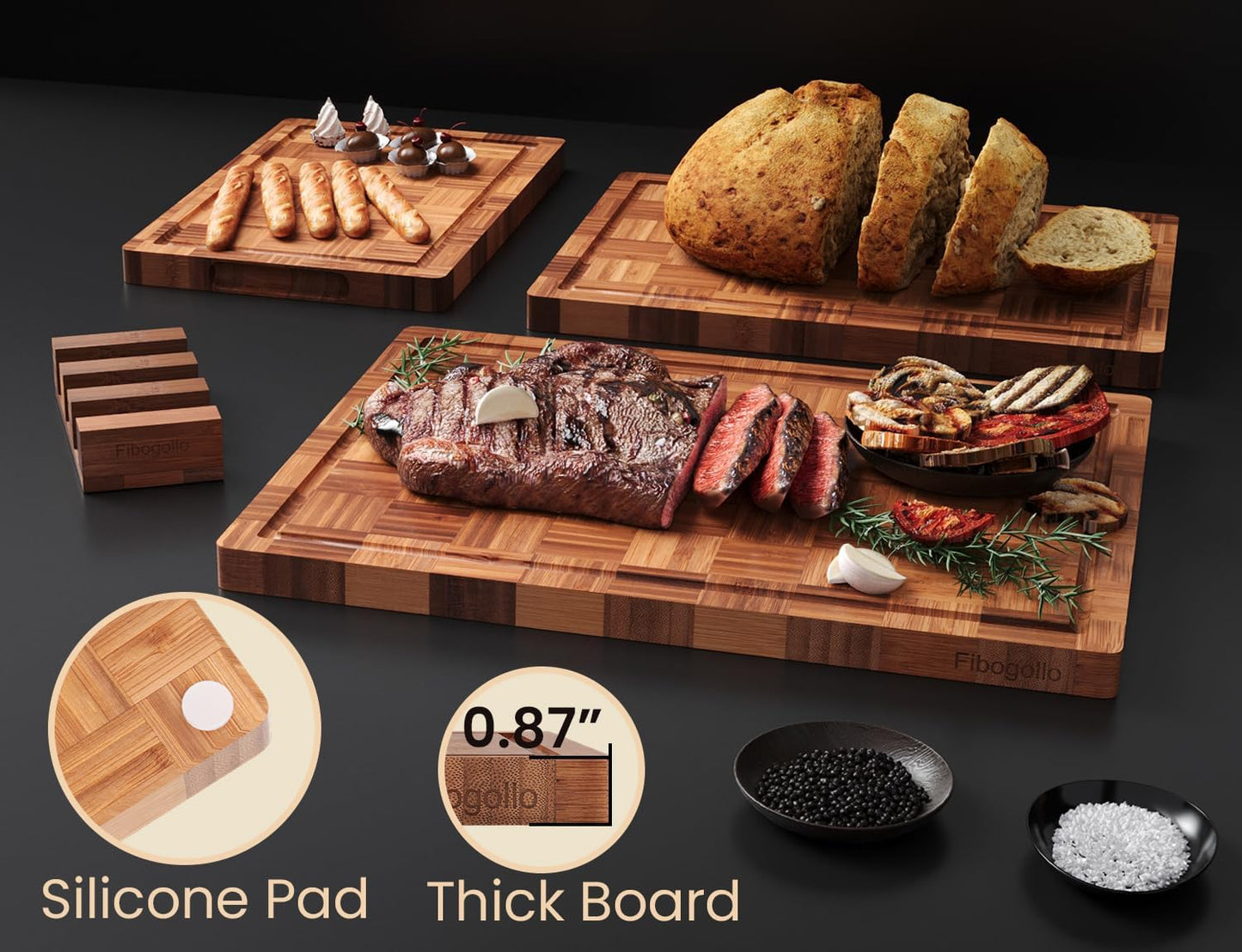 Bamboo Cutting Boards for Kitchen(Set of 3),Chopping Boards with Juice Groove,End Grain Serving Board with Holder,Bamboo Butcher Block for Meat,Vegetables,Fruit