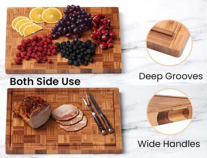Bamboo Cutting Boards for Kitchen(Set of 3),Chopping Boards with Juice Groove,End Grain Serving Board with Holder,Bamboo Butcher Block for Meat,Vegetables,Fruit