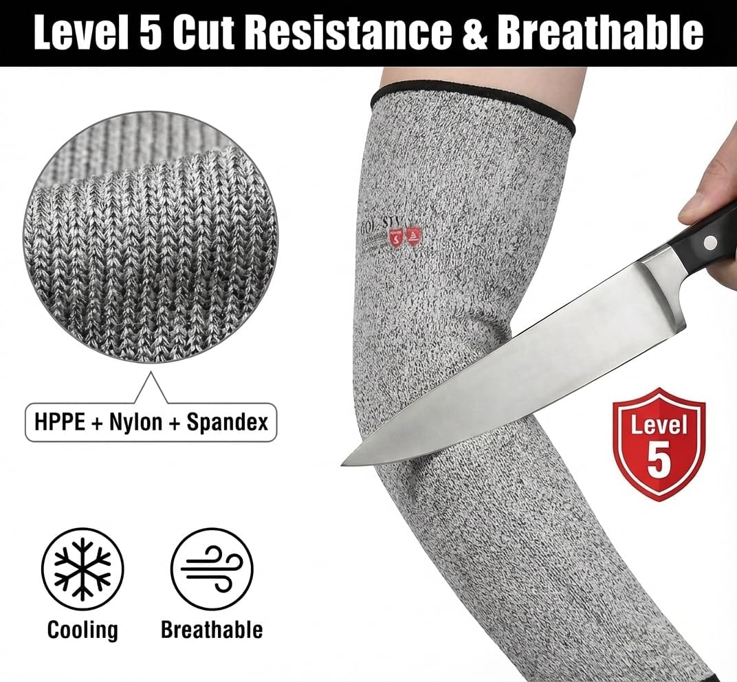 Arm Protectors For Thin Skin And Bruising, Kevlar Sleeves. A5 Level Cut Resistant Arm Sleeves For Gardening, Welding, Kitchen (Grey, 17.7 In)