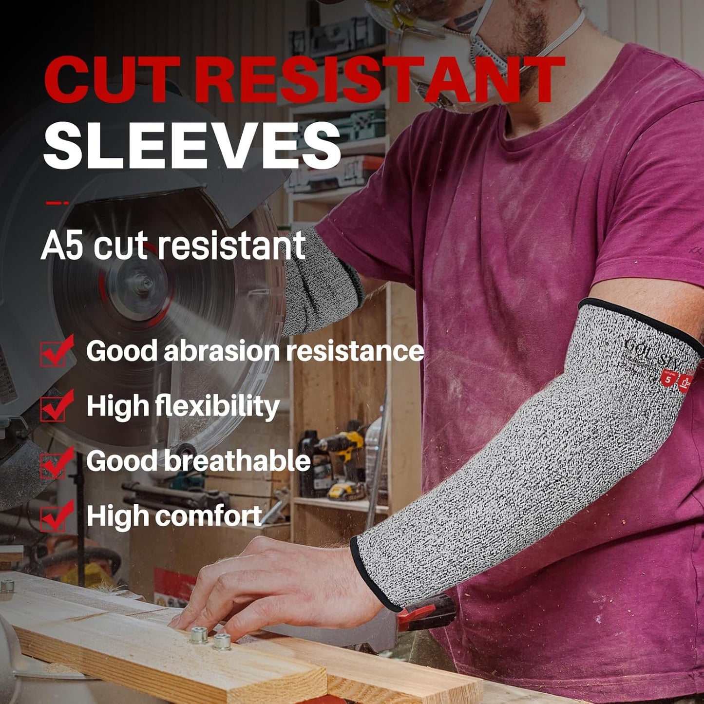 Arm Protectors For Thin Skin And Bruising, Kevlar Sleeves. A5 Level Cut Resistant Arm Sleeves For Gardening, Welding, Kitchen (Grey, 17.7 In)