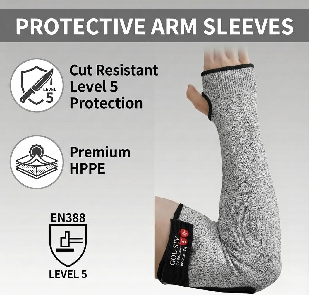 Arm Protectors For Thin Skin And Bruising, Kevlar Sleeves. A5 Level Cut Resistant Arm Sleeves For Gardening, Welding, Kitchen (Grey, 17.7 In)