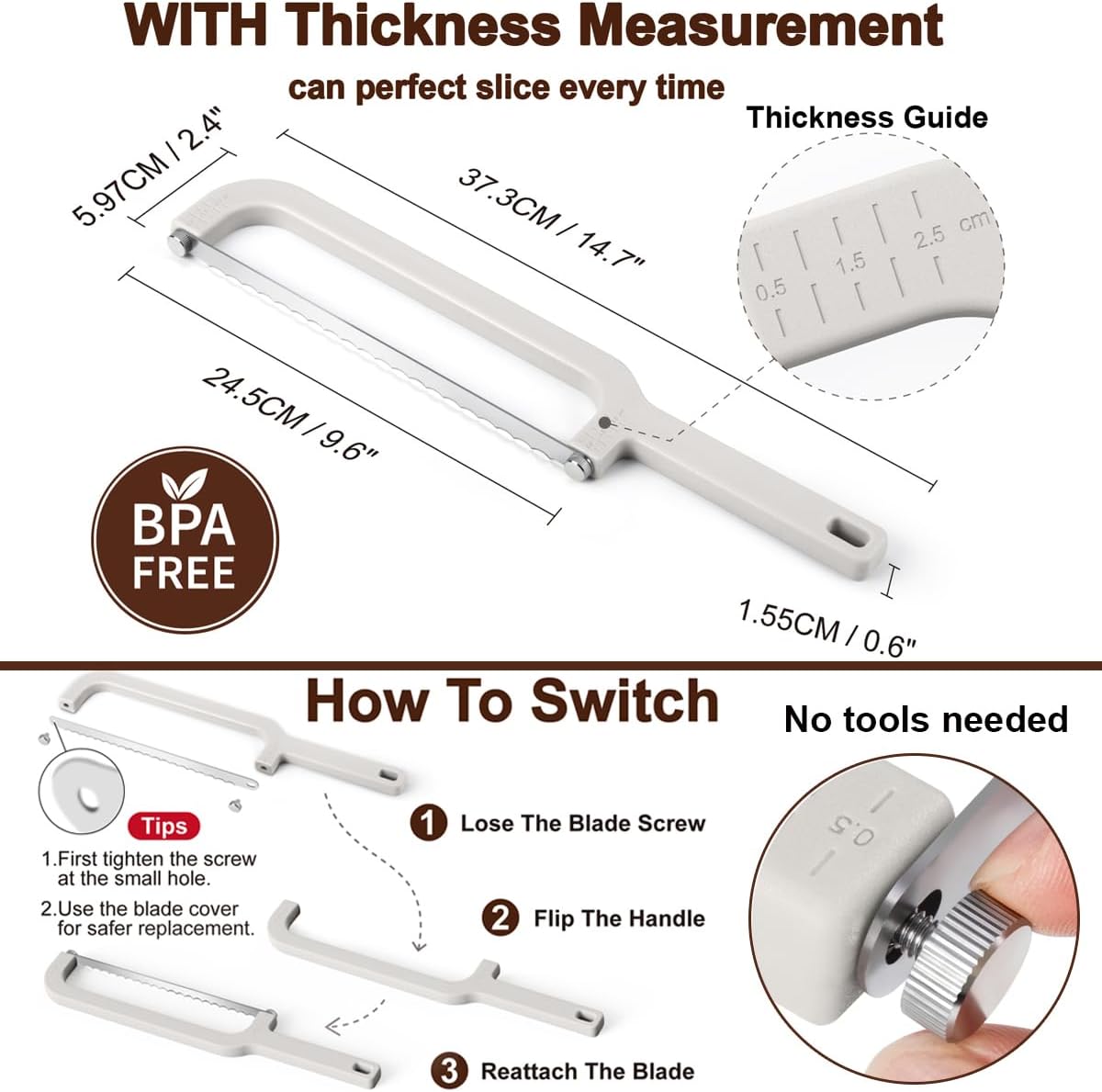 Adjustable Bread Knife for Homemade Bread with Thickness Guides,Bow Design | Upgraded Bread Slicer, Serrated Stainless Blade Easy to Cutting Even Slices for Sourdough Baguette Sandwiche,Dishwasher safe