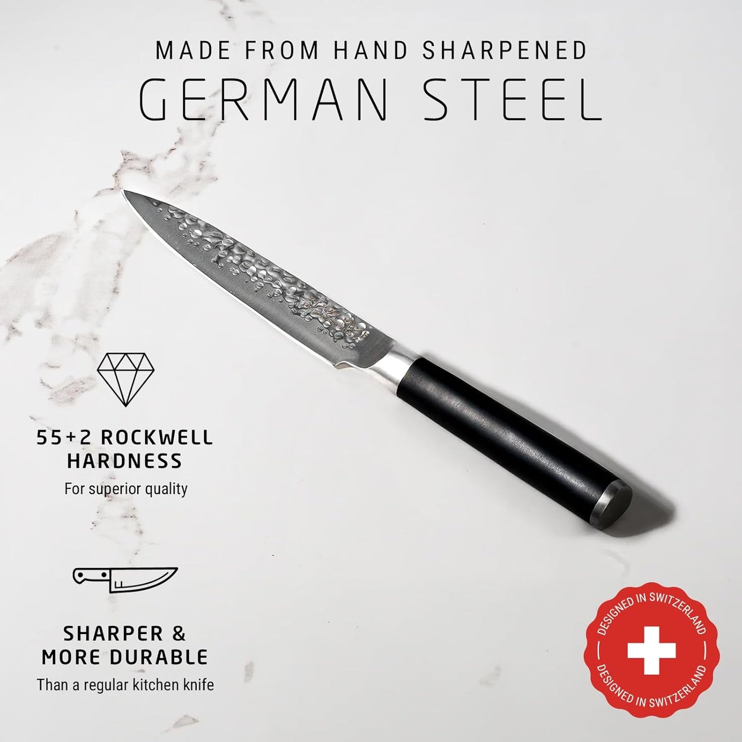 Utility Knife, German Steel With ABS Handle, Half Tang Handle, Hammered Blade Chef Knives Professional Grade, 55+2 Rockwell Hardness, 5 Inch